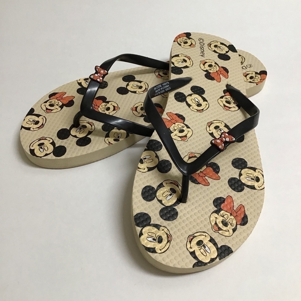 Disney SZ 10 1/2 Flip Flops Women’s Mickey and Minnie Mouse Sandals Red Bows Tan